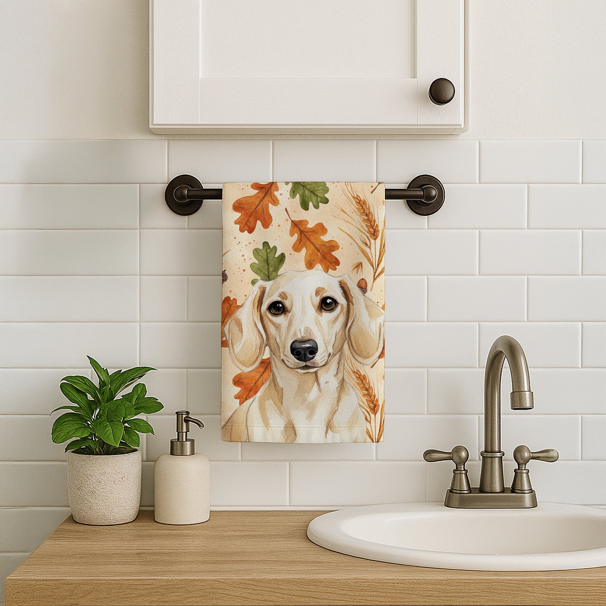 Cream Dachshund Heirloom Fall Kitchen Towel Velour Plush Front and Cotton Loop Back Machine Washable