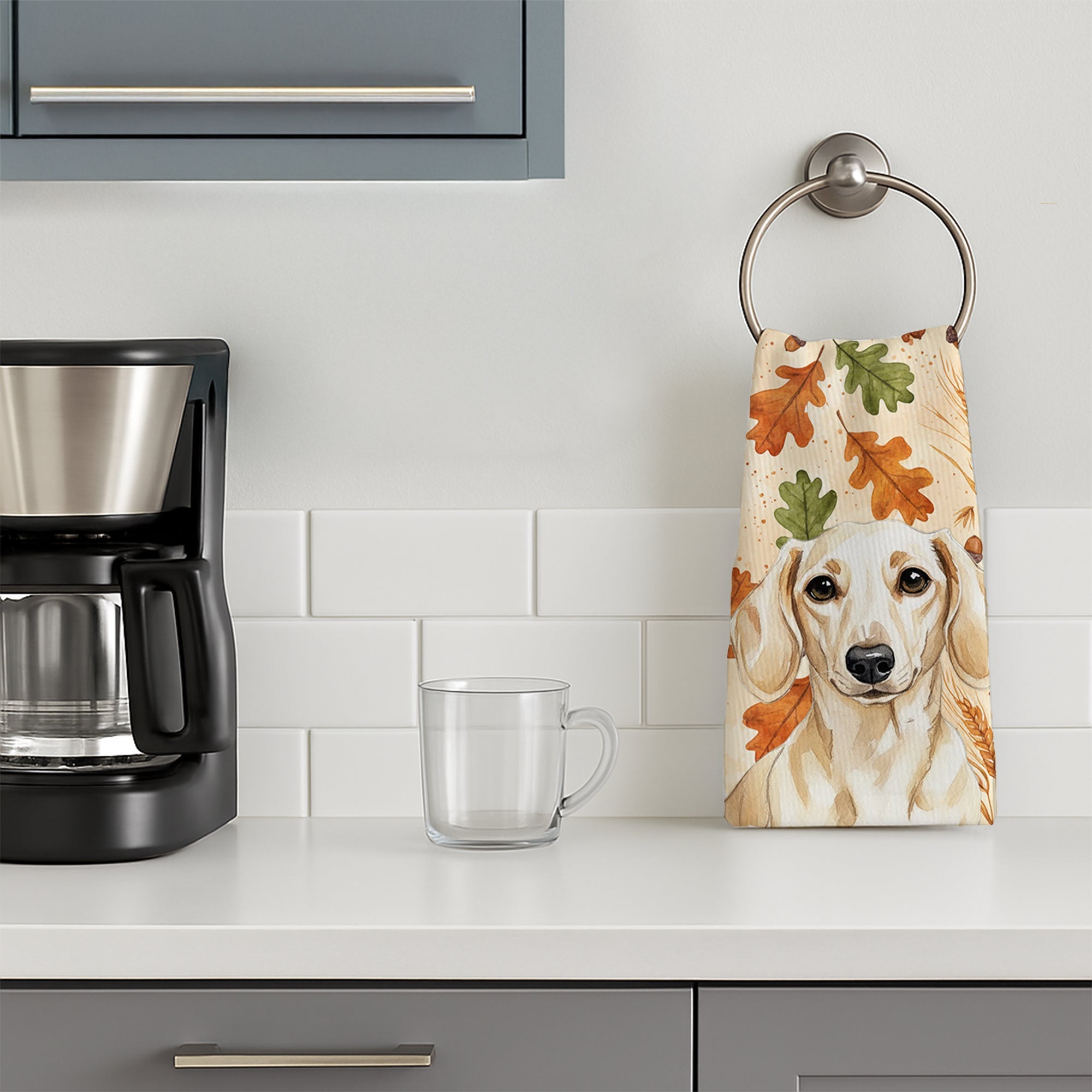 Cream Dachshund Heirloom Fall Kitchen Towel Velour Plush Front and Cotton Loop Back Machine Washable