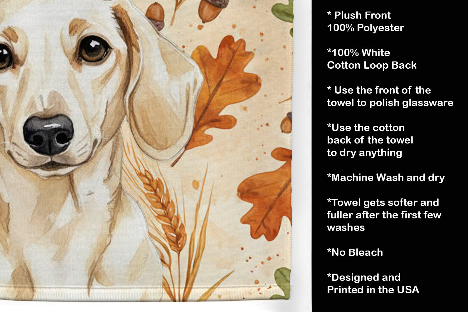 Cream Dachshund Heirloom Fall Kitchen Towel Velour Plush Front and Cotton Loop Back Machine Washable