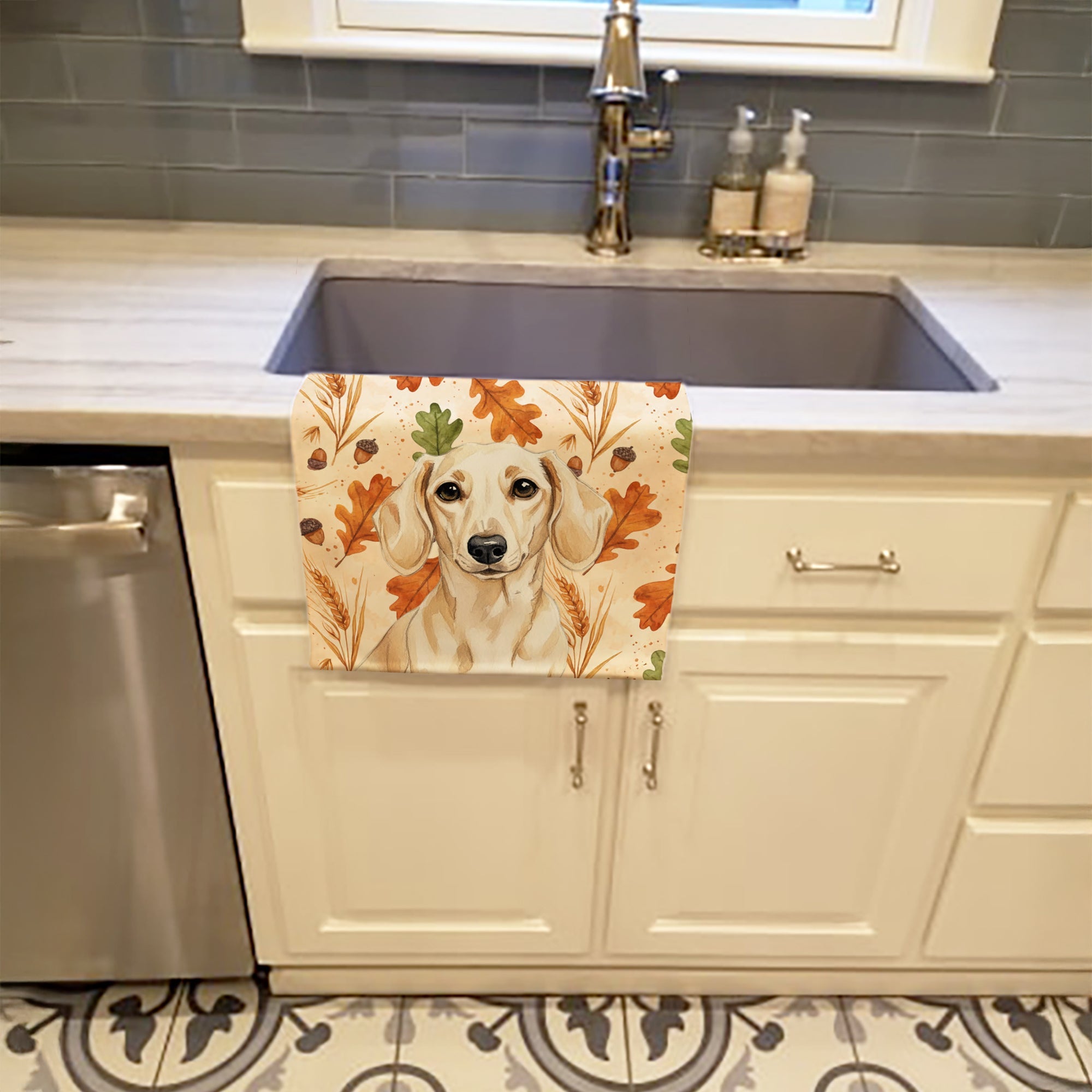 Cream Dachshund Heirloom Fall Kitchen Towel Velour Plush Front and Cotton Loop Back Machine Washable
