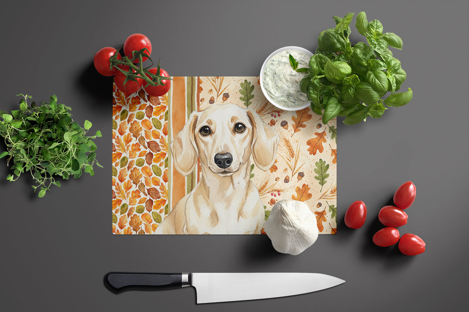 Cream Dachshund Heirloom Fall Cutting Board Tempered Glass Kitchen Cutting Surface, Heat Resistant Chopping, Non-Slip Feet, Food Prep & Serving