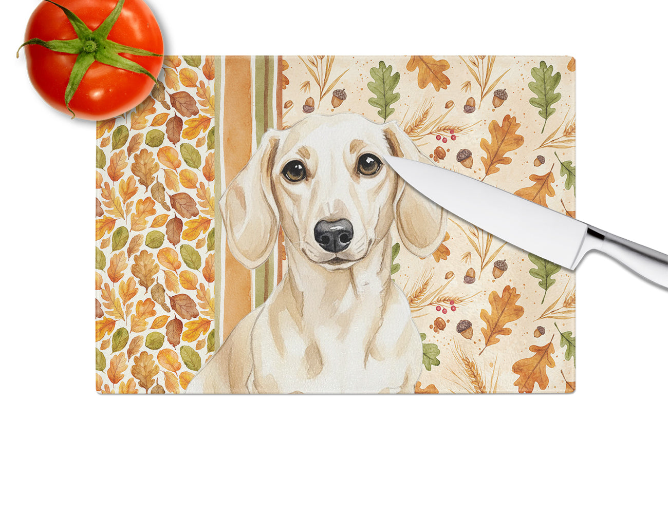 Cream Dachshund Heirloom Fall Cutting Board Tempered Glass Kitchen Cutting Surface, Heat Resistant Chopping, Non-Slip Feet, Food Prep & Serving
