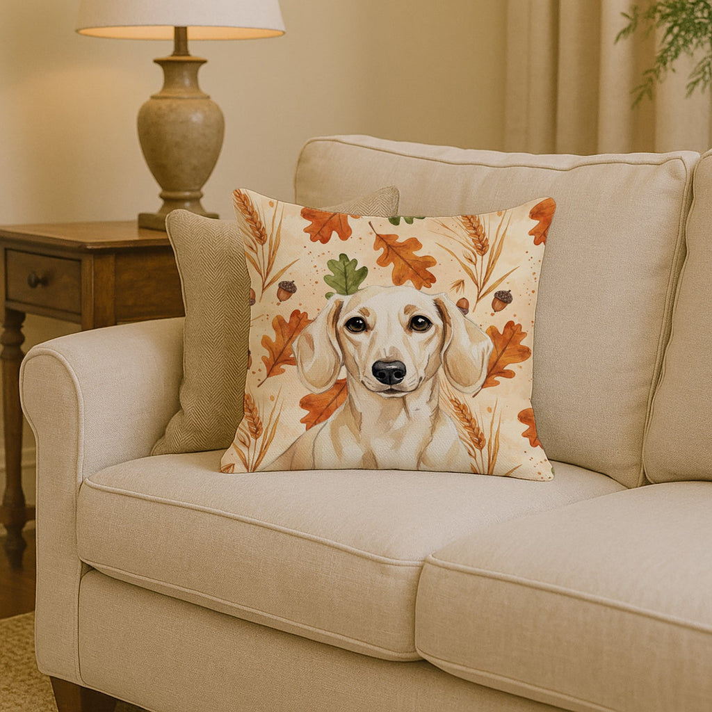 Cream Dachshund Heirloom Fall Decorative Throw Pillow 14x14 Indoor Outdoor Accent Cushion, Fabric Cover with Insert for Sofa, Bed, Porch & Living Room