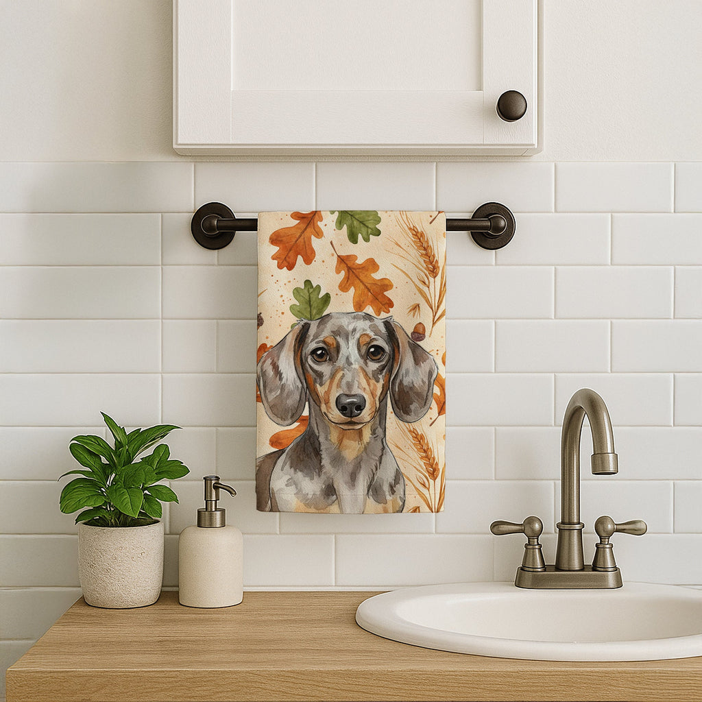 Dapple Dachshund Heirloom Fall Kitchen Towel Velour Plush Front and Cotton Loop Back Machine Washable