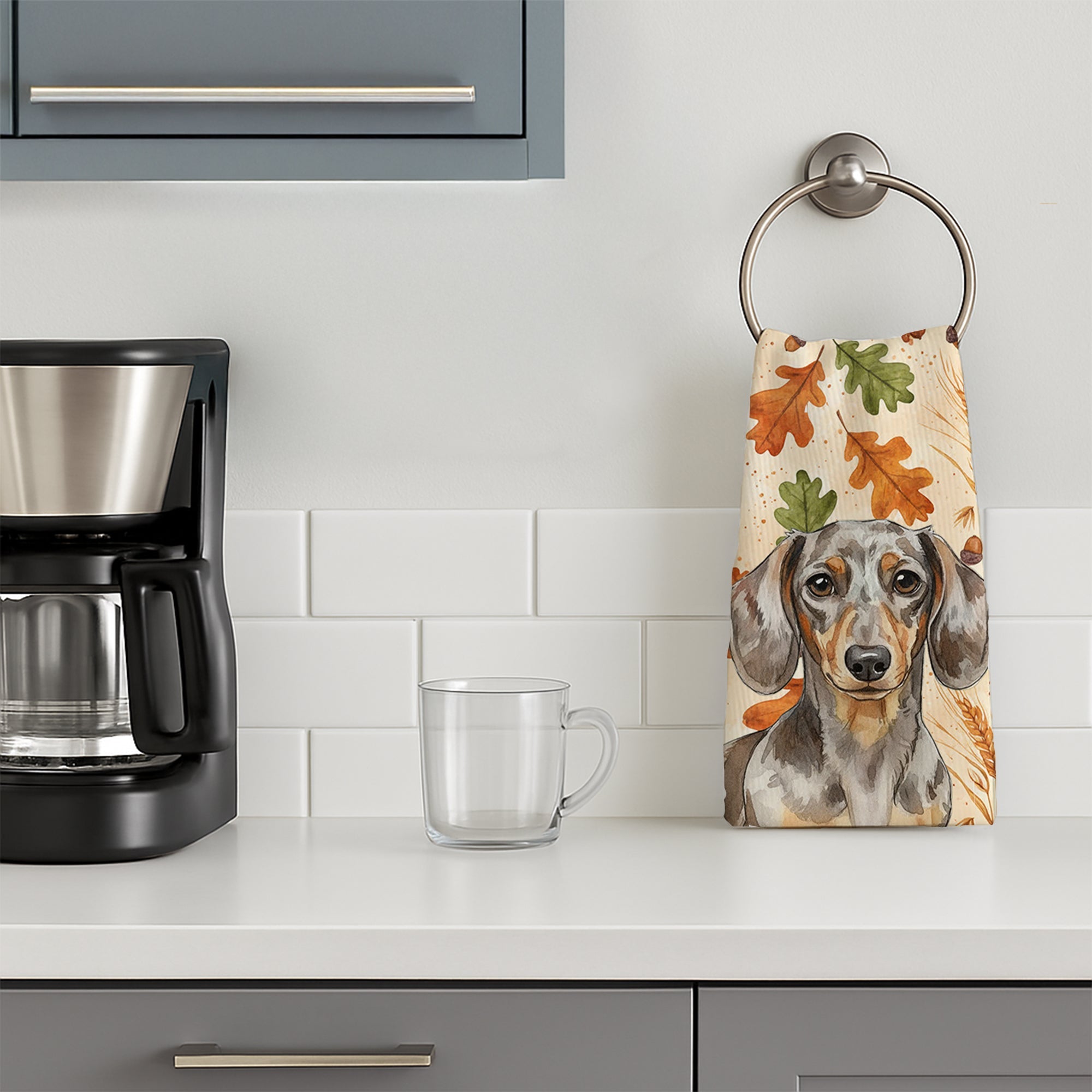 Dapple Dachshund Heirloom Fall Kitchen Towel Velour Plush Front and Cotton Loop Back Machine Washable