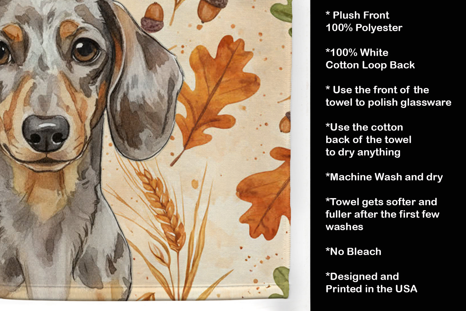 Dapple Dachshund Heirloom Fall Kitchen Towel Velour Plush Front and Cotton Loop Back Machine Washable