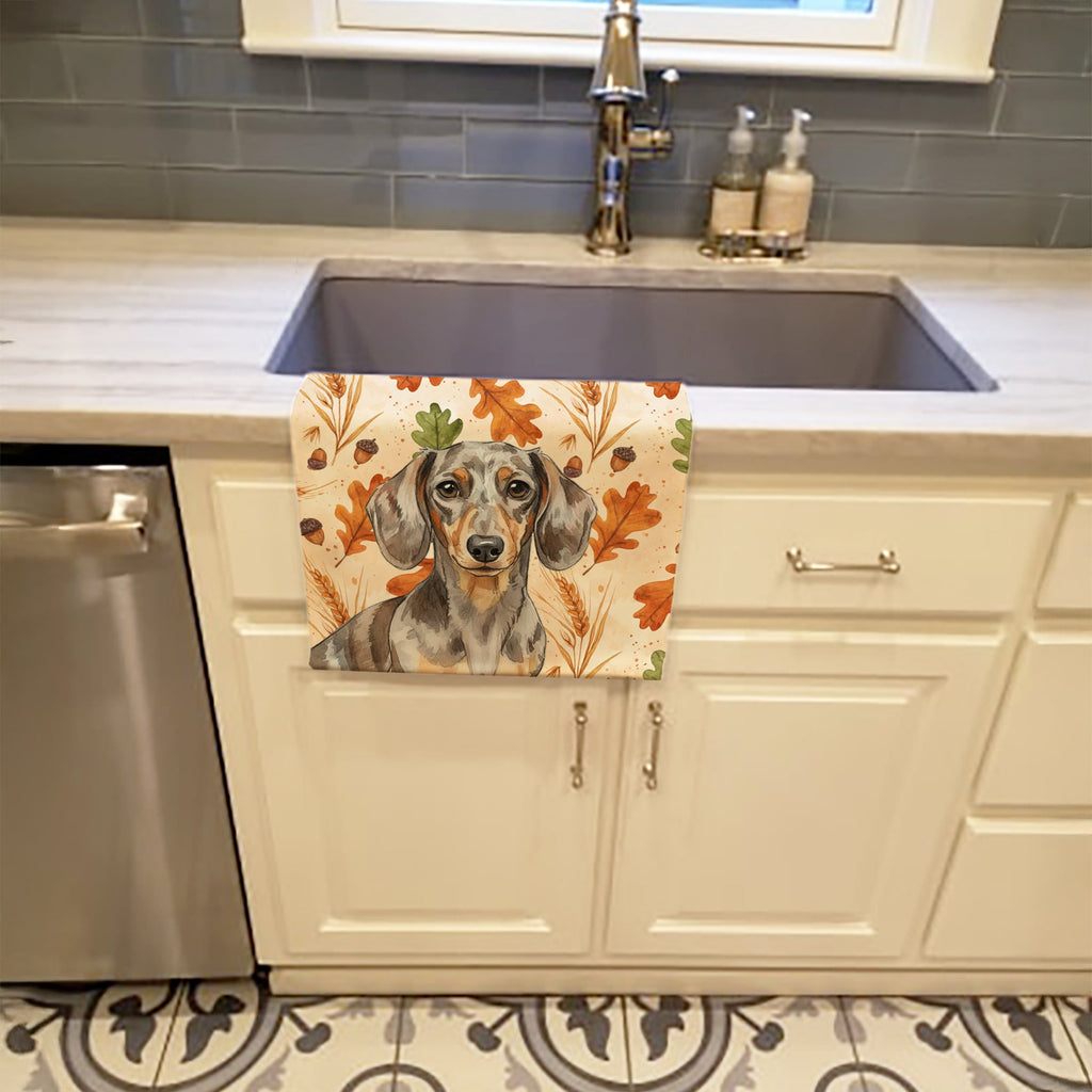 Dapple Dachshund Heirloom Fall Kitchen Towel Velour Plush Front and Cotton Loop Back Machine Washable