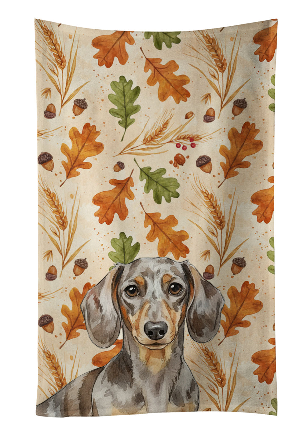 Dapple Dachshund Heirloom Fall Kitchen Towel Velour Plush Front and Cotton Loop Back Machine Washable
