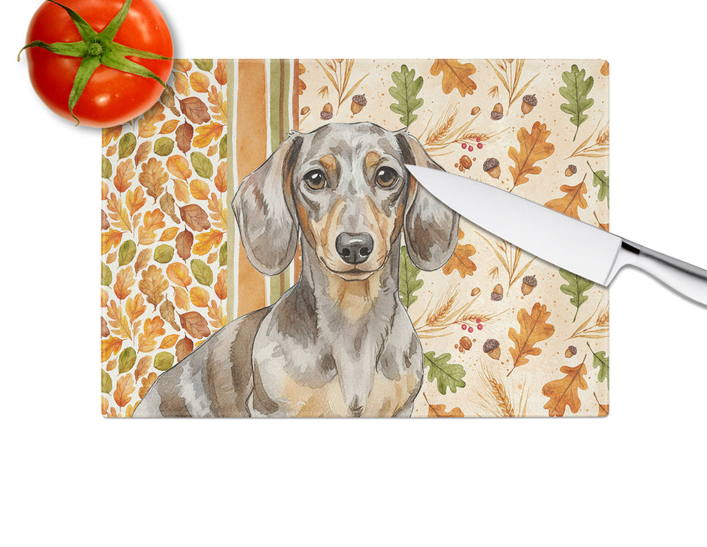 Dapple Dachshund Heirloom Fall Cutting Board Tempered Glass Kitchen Cutting Surface, Heat Resistant Chopping, Non-Slip Feet, Food Prep & Serving