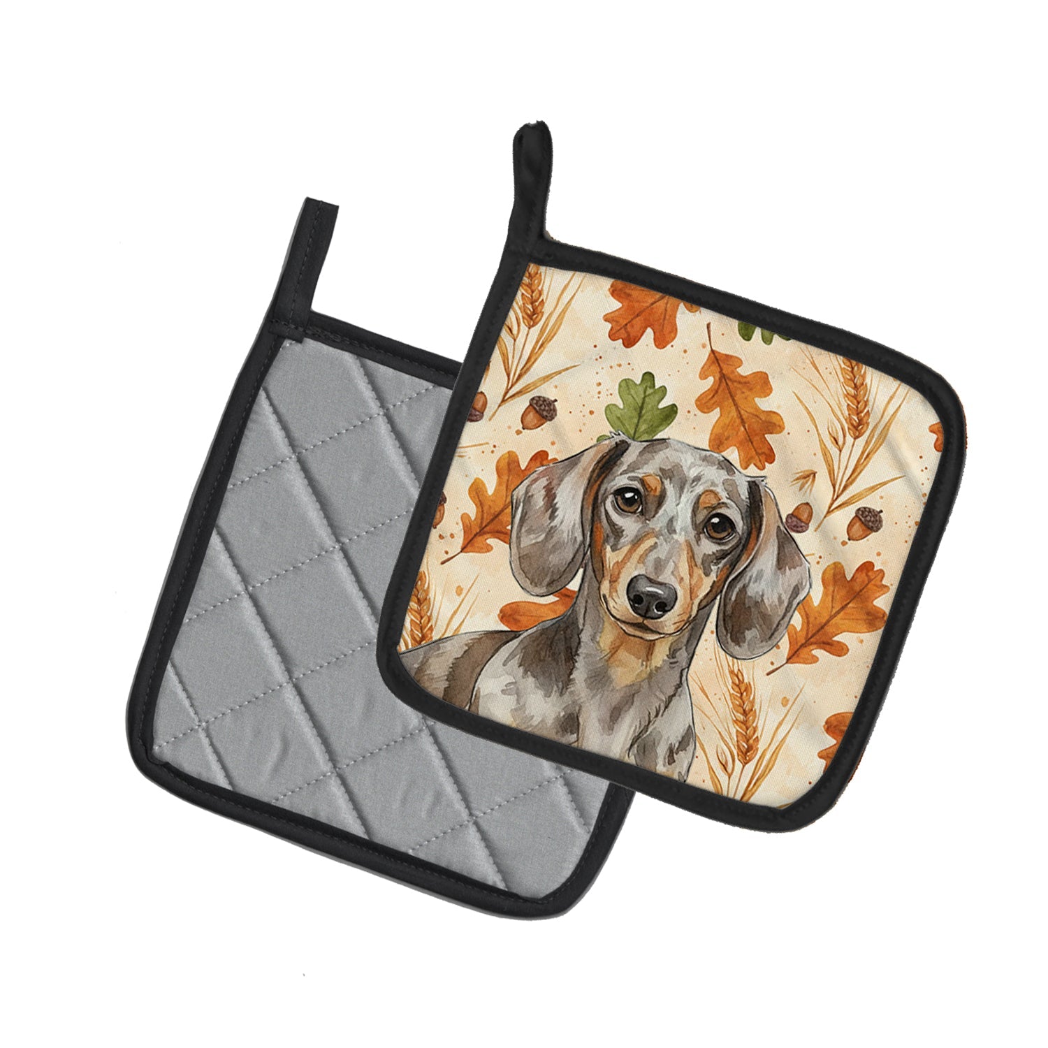 Dapple Dachshund Heirloom Fall Pot Holder Set of 2 Heat Resistant Quilted Hot Pads 7.5 x 7.5 Inch, Insulated Kitchen Trivets for Cooking & Baking