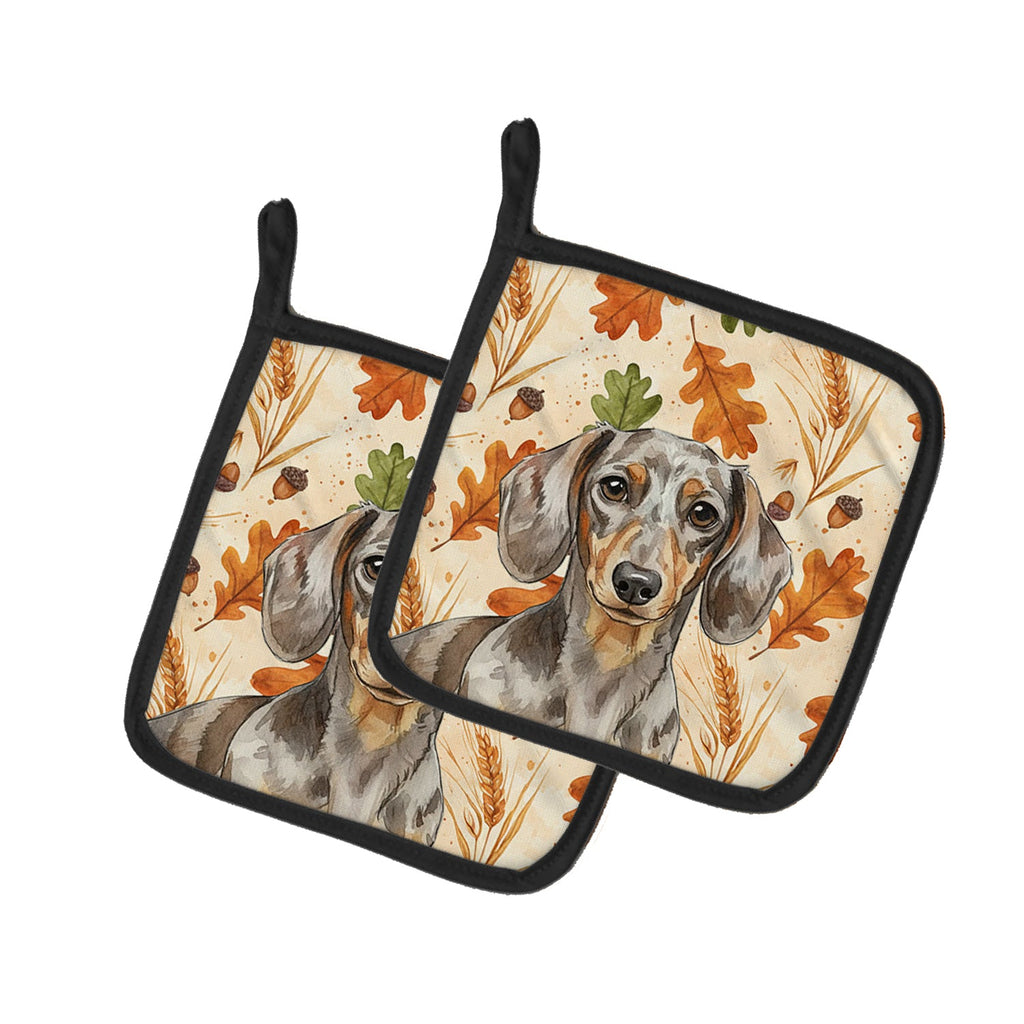 Dapple Dachshund Heirloom Fall Pot Holder Set of 2 Heat Resistant Quilted Hot Pads 7.5 x 7.5 Inch, Insulated Kitchen Trivets for Cooking & Baking