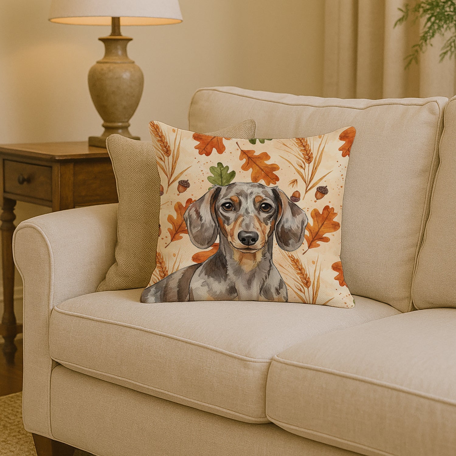 Dapple Dachshund Heirloom Fall Decorative Throw Pillow 14x14 Indoor Outdoor Accent Cushion, Fabric Cover with Insert for Sofa, Bed, Porch & Living Room
