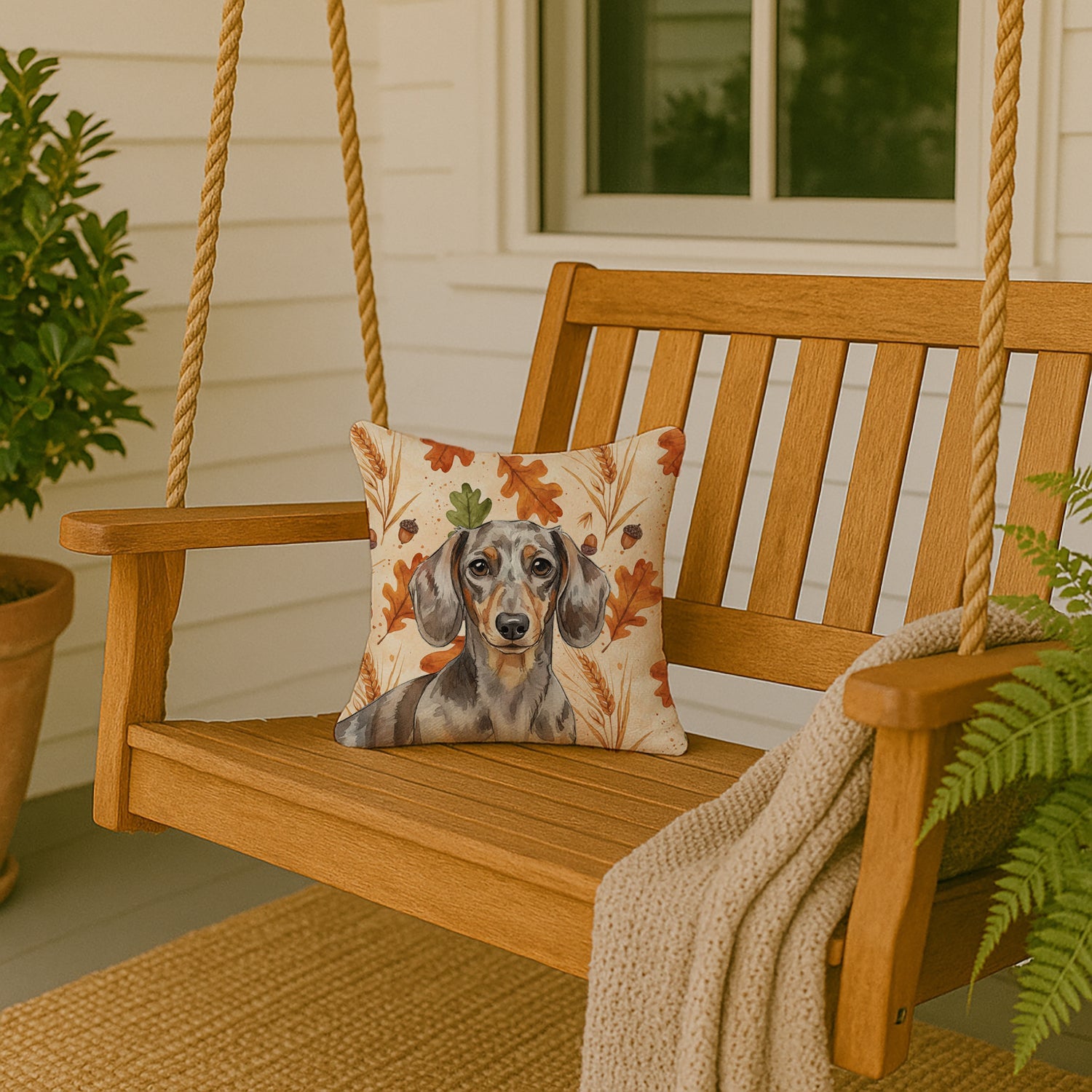 Dapple Dachshund Heirloom Fall Decorative Throw Pillow 14x14 Indoor Outdoor Accent Cushion, Fabric Cover with Insert for Sofa, Bed, Porch & Living Room