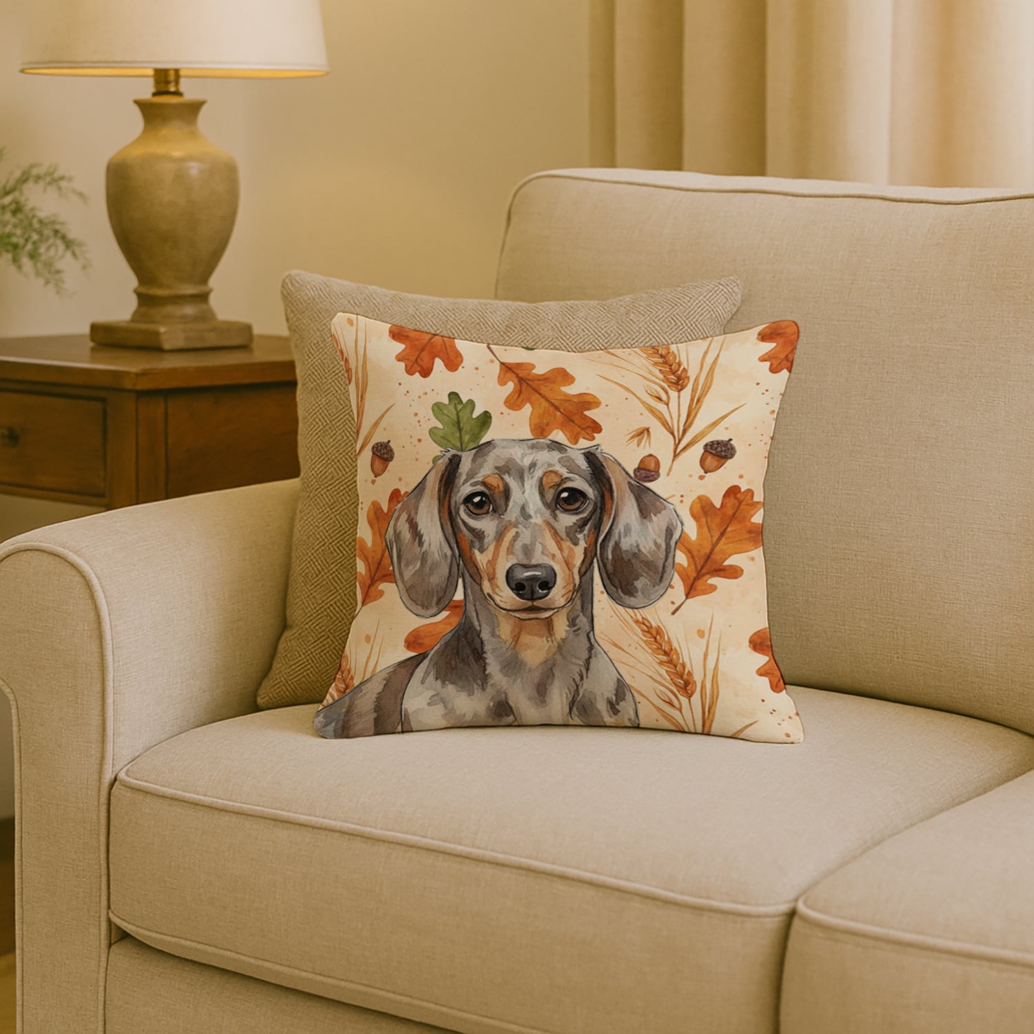 Dapple Dachshund Heirloom Fall Decorative Throw Pillow 18x18 Indoor Outdoor Accent Cushion, Fabric Cover with Insert for Sofa, Bed, Porch & Living Room