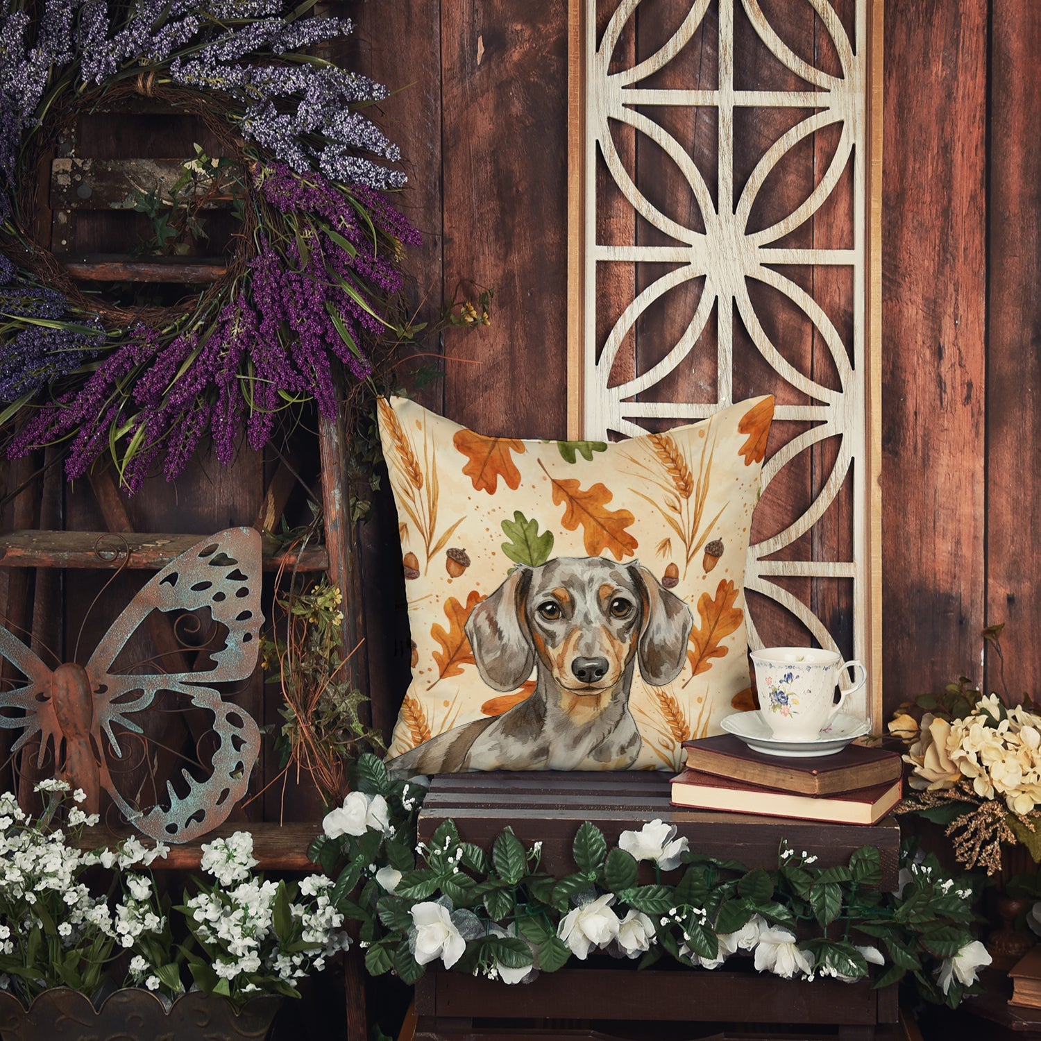 Dapple Dachshund Heirloom Fall Decorative Throw Pillow 18x18 Indoor Outdoor Accent Cushion, Fabric Cover with Insert for Sofa, Bed, Porch & Living Room