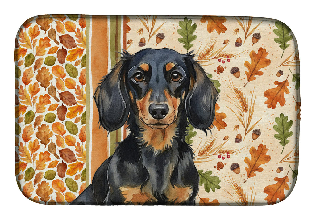 Longhaired Black and Tan Dachshund Heirloom Fall Dish Drying Mat Absorbent Dish Drying Mat Pad for Kitchen Counter Dish Drainer Mat for Countertop, 14 x 21", Multicolor