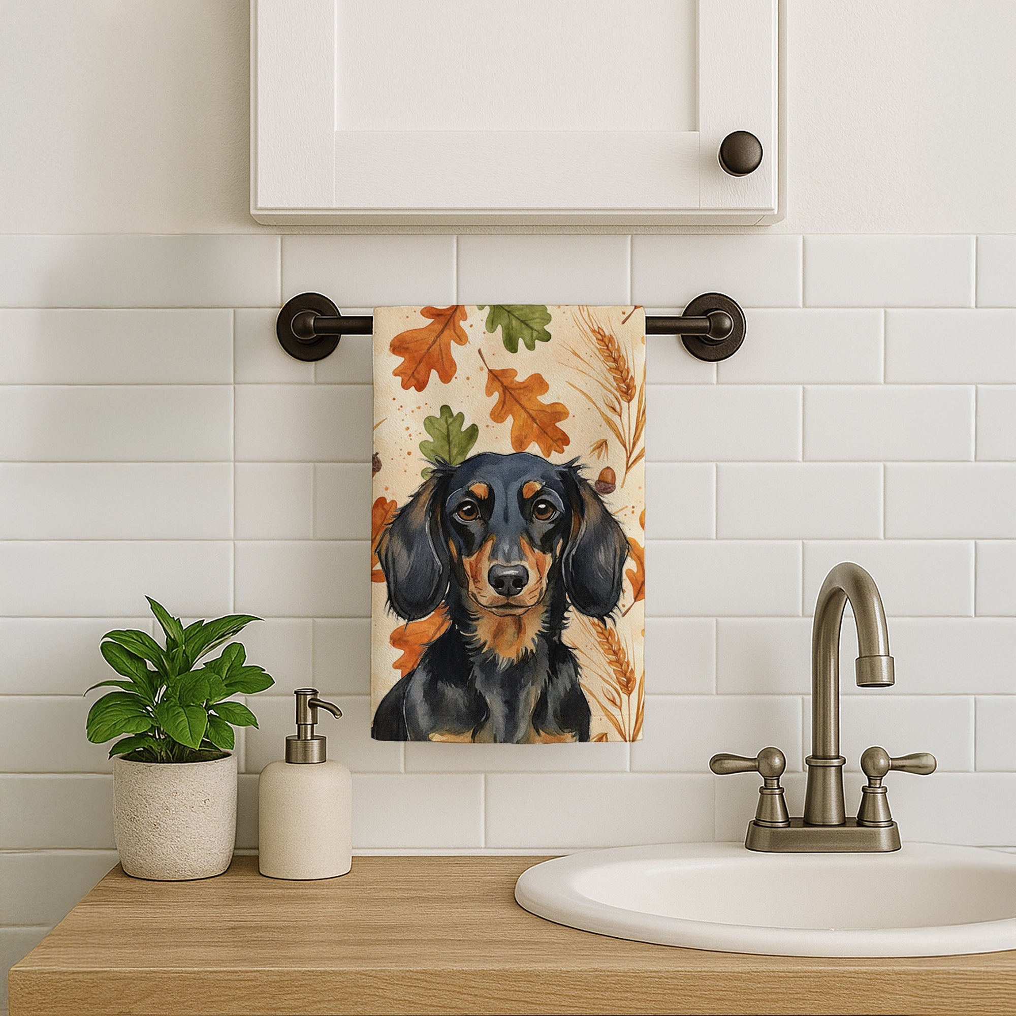Longhaired Black and Tan Dachshund Heirloom Fall Kitchen Towel Velour Plush Front and Cotton Loop Back Machine Washable
