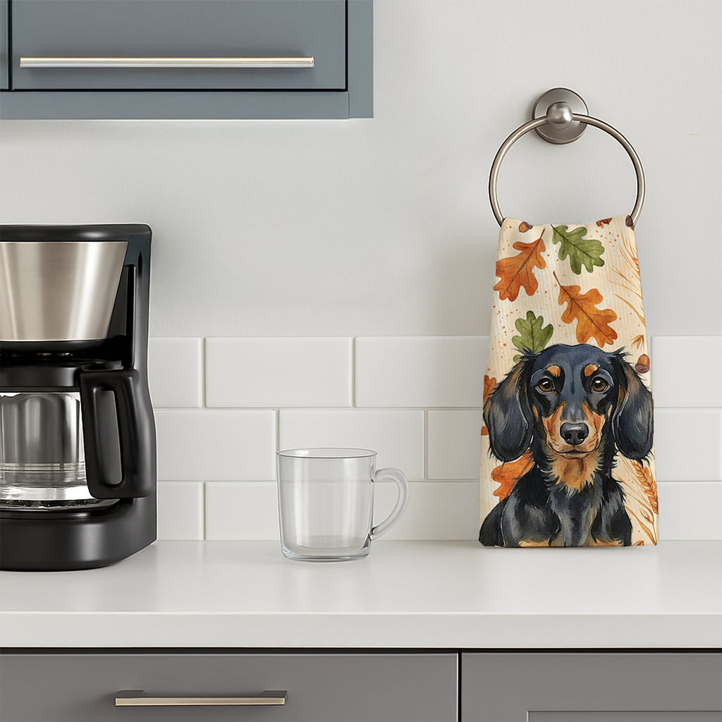 Longhaired Black and Tan Dachshund Heirloom Fall Kitchen Towel Velour Plush Front and Cotton Loop Back Machine Washable