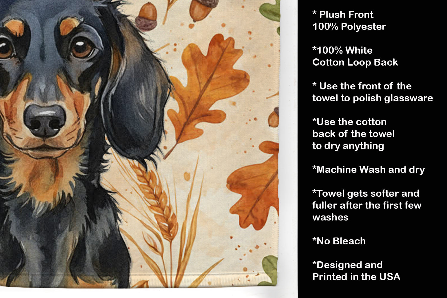 Longhaired Black and Tan Dachshund Heirloom Fall Kitchen Towel Velour Plush Front and Cotton Loop Back Machine Washable