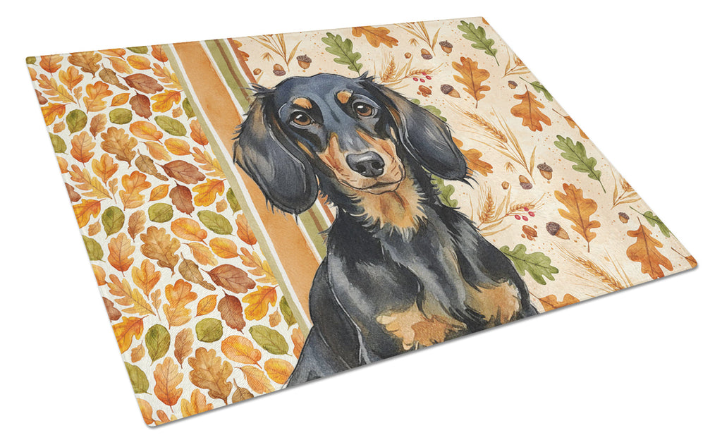 Longhaired Black and Tan Dachshund Heirloom Fall Cutting Board Tempered Glass Kitchen Cutting Surface, Heat Resistant Chopping, Non-Slip Feet, Food Prep & Serving