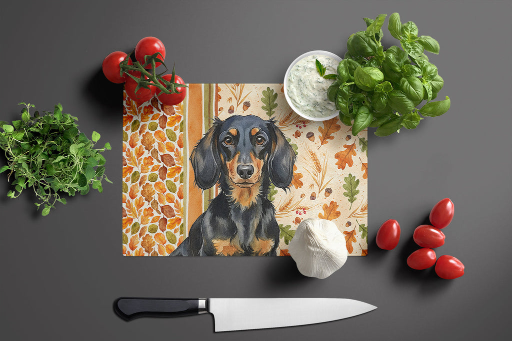 Longhaired Black and Tan Dachshund Heirloom Fall Cutting Board Tempered Glass Kitchen Cutting Surface, Heat Resistant Chopping, Non-Slip Feet, Food Prep & Serving
