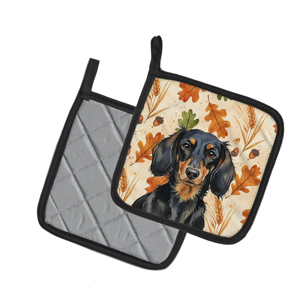 Longhaired Black and Tan Dachshund Heirloom Fall Pot Holder Set of 2 Heat Resistant Quilted Hot Pads 7.5 x 7.5 Inch, Insulated Kitchen Trivets for Cooking & Baking