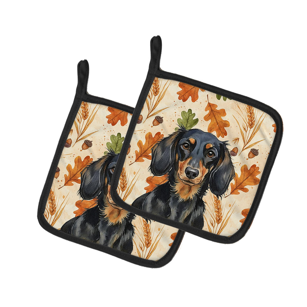 Longhaired Black and Tan Dachshund Heirloom Fall Pot Holder Set of 2 Heat Resistant Quilted Hot Pads 7.5 x 7.5 Inch, Insulated Kitchen Trivets for Cooking & Baking
