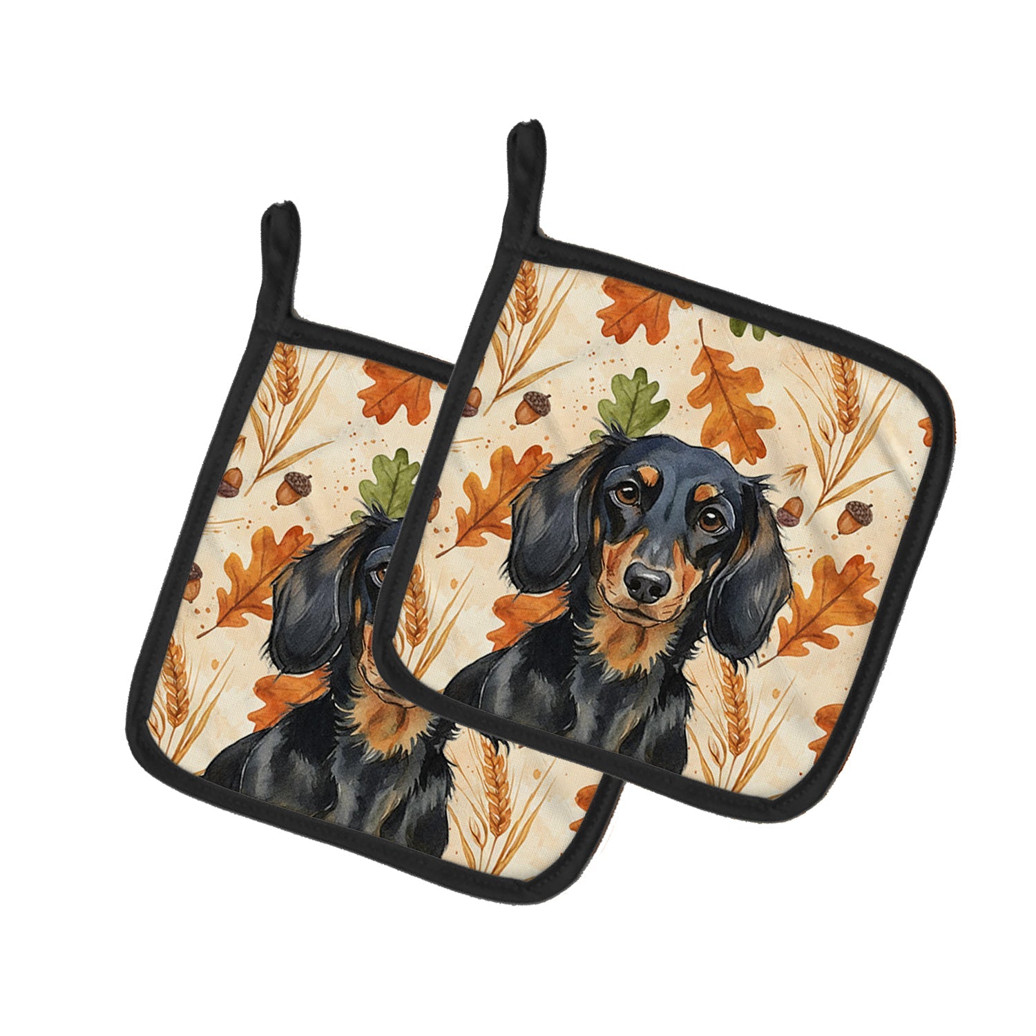 Longhaired Black and Tan Dachshund Heirloom Fall Pot Holder Set of 2 Heat Resistant Quilted Hot Pads 7.5 x 7.5 Inch, Insulated Kitchen Trivets for Cooking & Baking