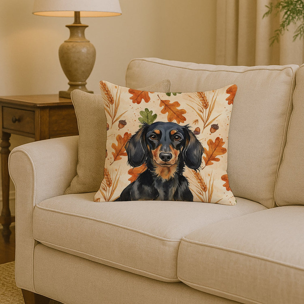 Longhaired Black and Tan Dachshund Heirloom Fall Decorative Throw Pillow 14x14 Indoor Outdoor Accent Cushion, Fabric Cover with Insert for Sofa, Bed, Porch & Living Room