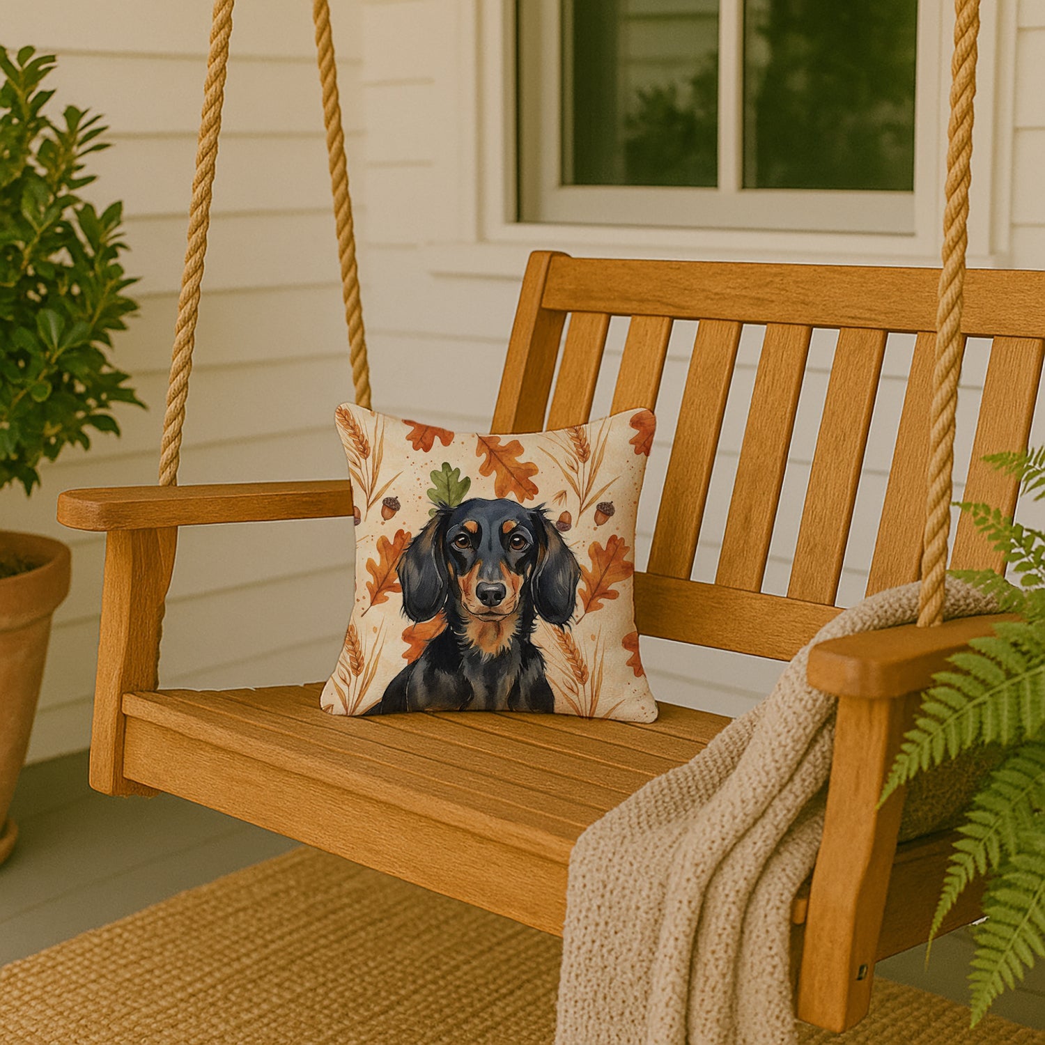 Longhaired Black and Tan Dachshund Heirloom Fall Decorative Throw Pillow 14x14 Indoor Outdoor Accent Cushion, Fabric Cover with Insert for Sofa, Bed, Porch & Living Room