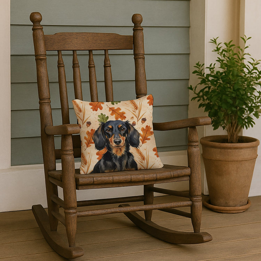 Longhaired Black and Tan Dachshund Heirloom Fall Decorative Throw Pillow 14x14 Indoor Outdoor Accent Cushion, Fabric Cover with Insert for Sofa, Bed, Porch & Living Room