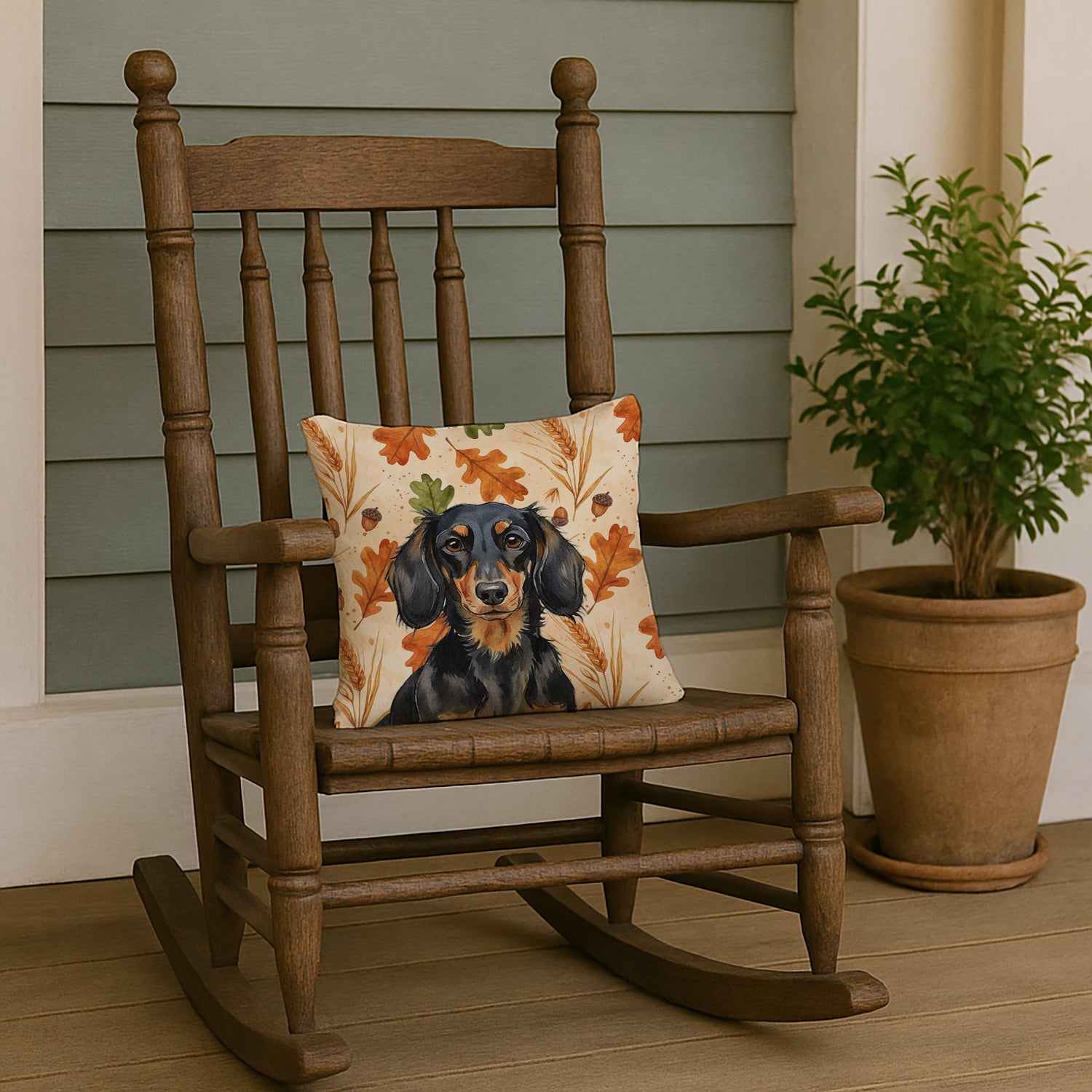 Longhaired Black and Tan Dachshund Heirloom Fall Decorative Throw Pillow 14x14 Indoor Outdoor Accent Cushion, Fabric Cover with Insert for Sofa, Bed, Porch & Living Room