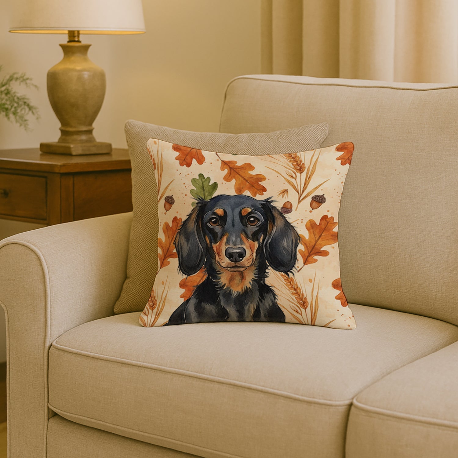 Longhaired Black and Tan Dachshund Heirloom Fall Decorative Throw Pillow 18x18 Indoor Outdoor Accent Cushion, Fabric Cover with Insert for Sofa, Bed, Porch & Living Room