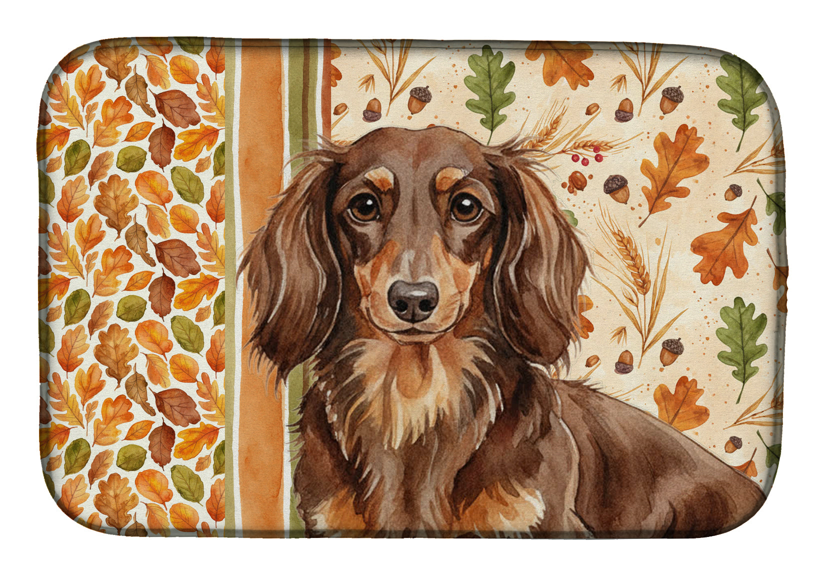 Longhaired Chocolate and Tan Dachshund Heirloom Fall Dish Drying Mat Absorbent Dish Drying Mat Pad for Kitchen Counter Dish Drainer Mat for Countertop, 14 x 21", Multicolor