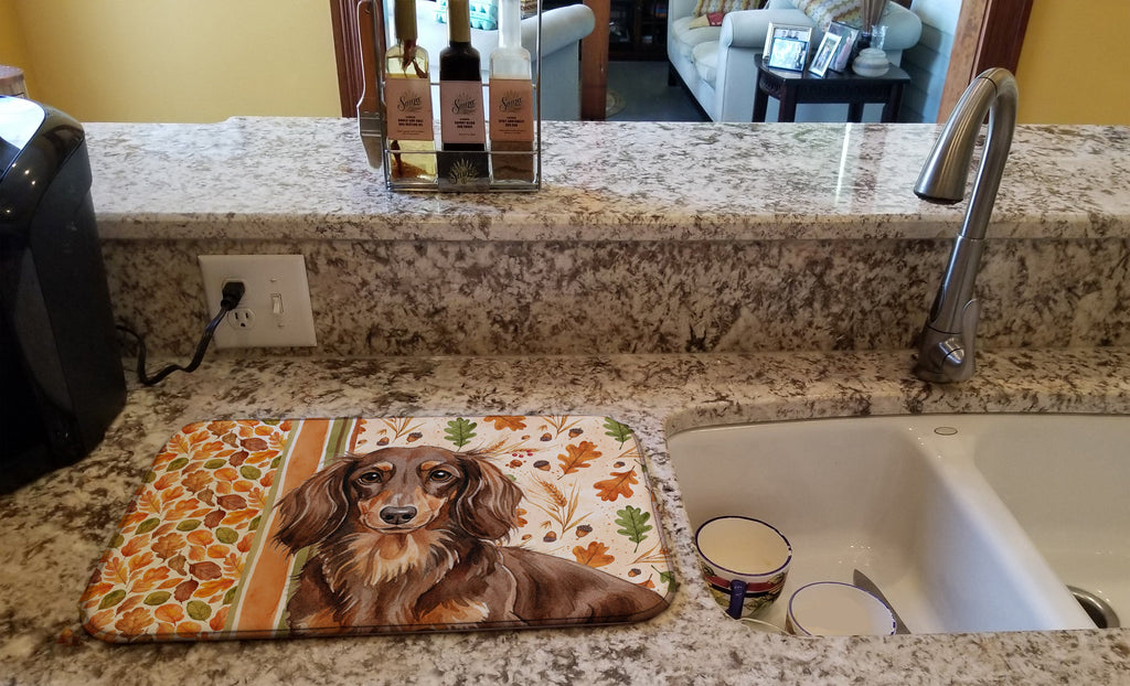 Longhaired Chocolate and Tan Dachshund Heirloom Fall Dish Drying Mat Absorbent Dish Drying Mat Pad for Kitchen Counter Dish Drainer Mat for Countertop, 14 x 21", Multicolor