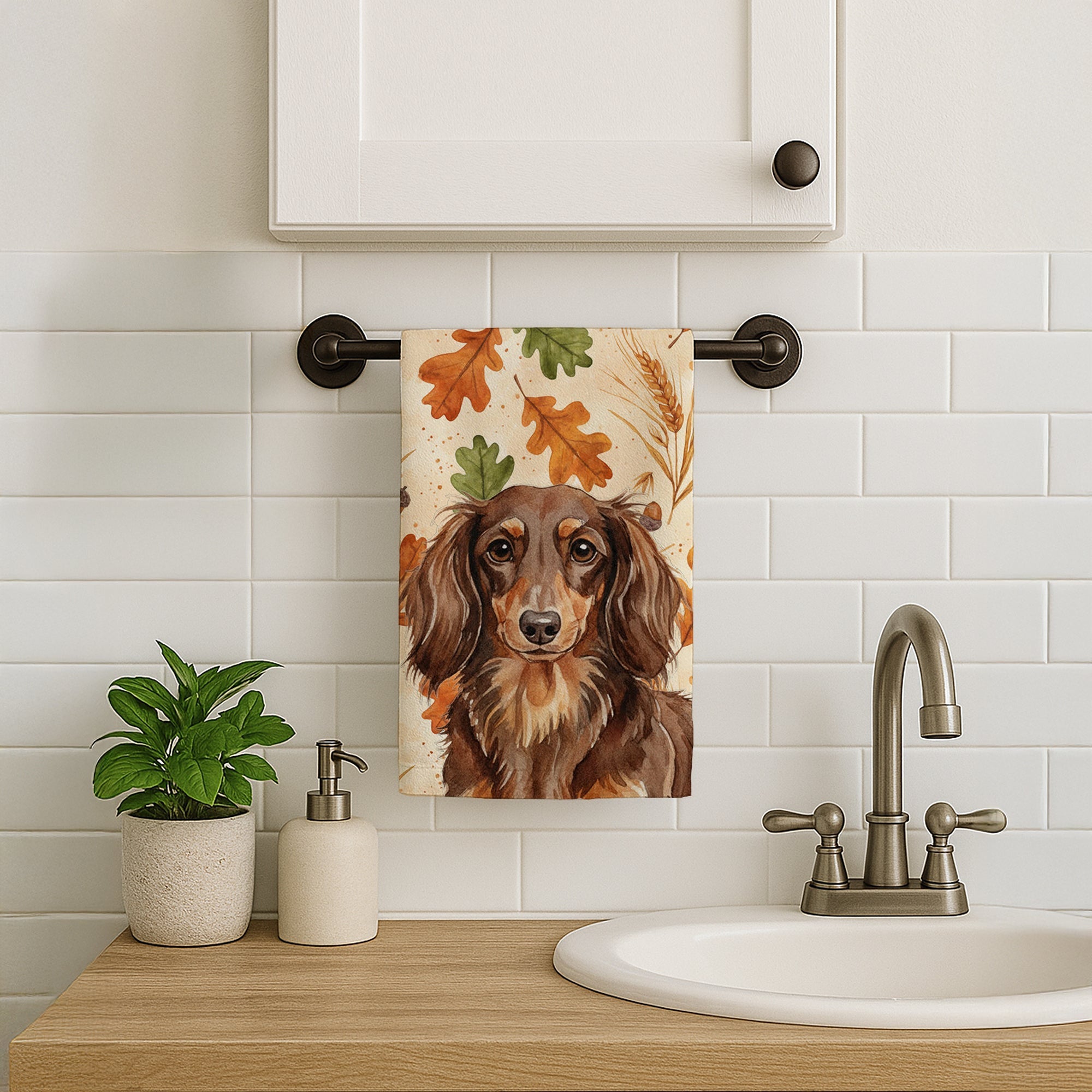 Longhaired Chocolate and Tan Dachshund Heirloom Fall Kitchen Towel Velour Plush Front and Cotton Loop Back Machine Washable