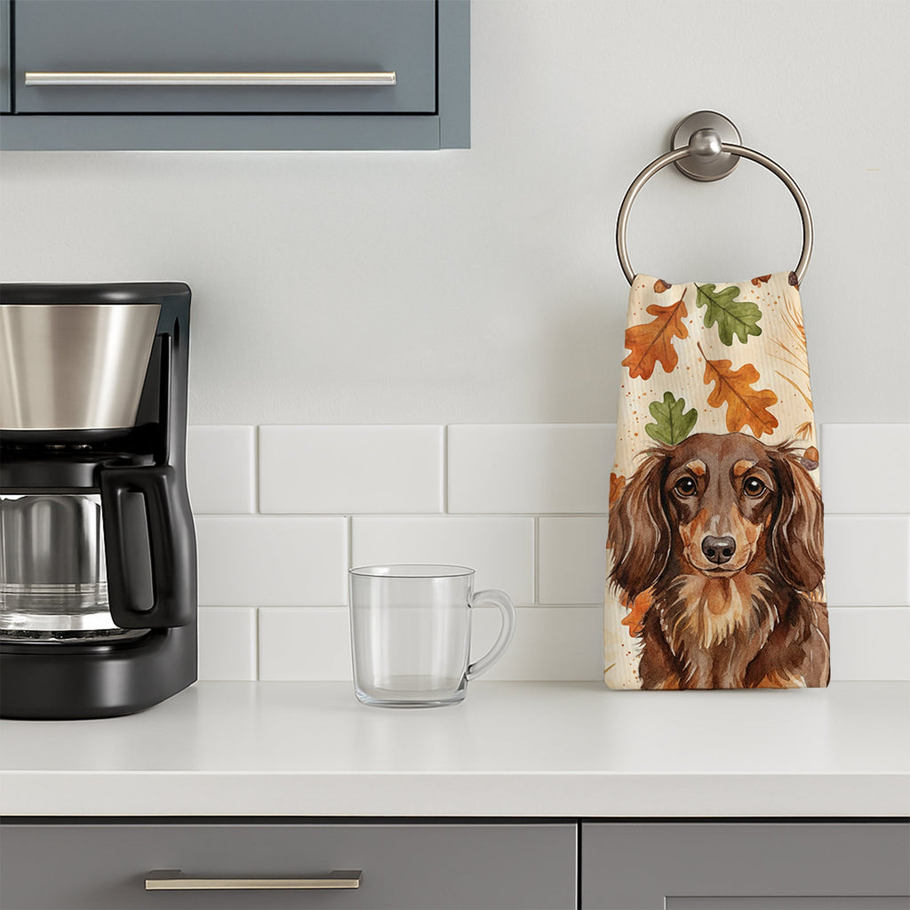 Longhaired Chocolate and Tan Dachshund Heirloom Fall Kitchen Towel Velour Plush Front and Cotton Loop Back Machine Washable