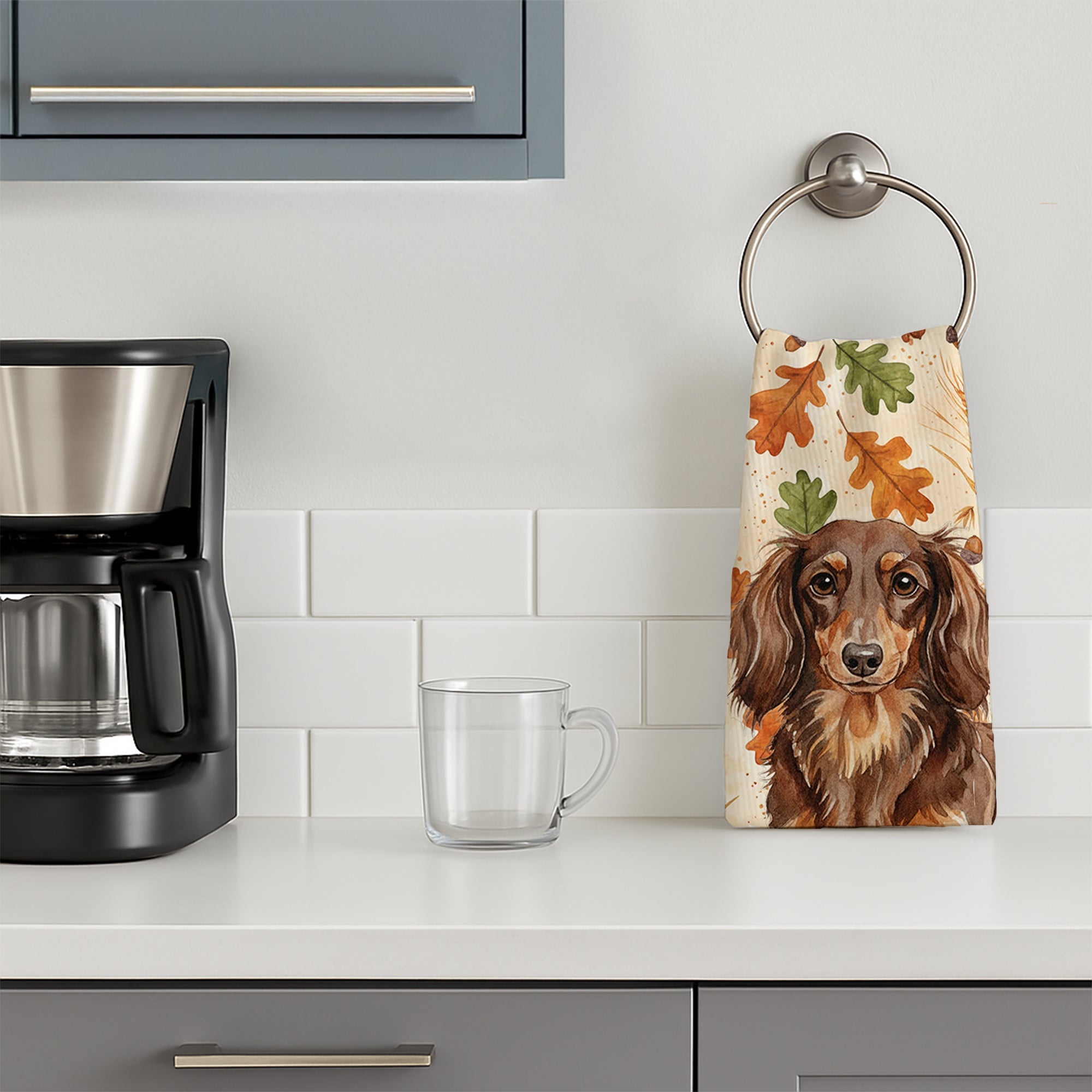 Longhaired Chocolate and Tan Dachshund Heirloom Fall Kitchen Towel Velour Plush Front and Cotton Loop Back Machine Washable