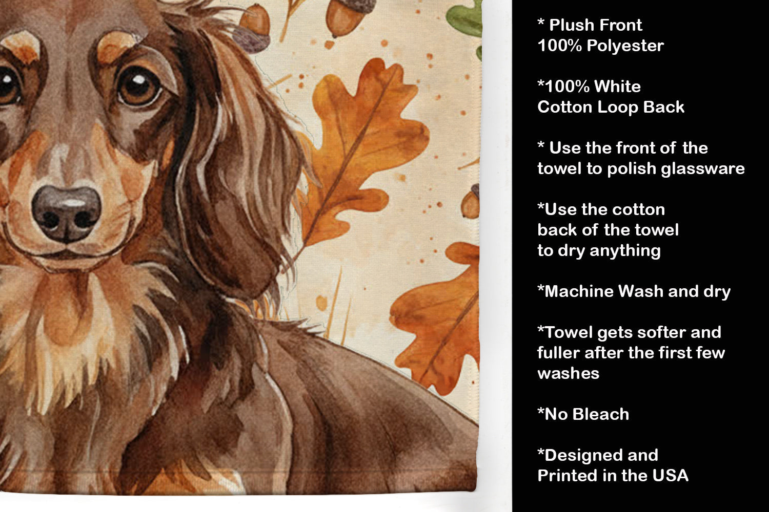 Longhaired Chocolate and Tan Dachshund Heirloom Fall Kitchen Towel Velour Plush Front and Cotton Loop Back Machine Washable