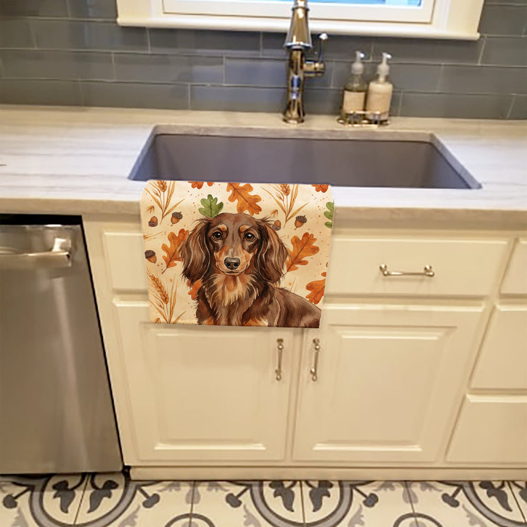 Longhaired Chocolate and Tan Dachshund Heirloom Fall Kitchen Towel Velour Plush Front and Cotton Loop Back Machine Washable