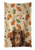 Longhaired Chocolate and Tan Dachshund Heirloom Fall Kitchen Towel Velour Plush Front and Cotton Loop Back Machine Washable
