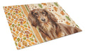 Longhaired Chocolate and Tan Dachshund Heirloom Fall Cutting Board Tempered Glass Kitchen Cutting Surface, Heat Resistant Chopping, Non-Slip Feet, Food Prep & Serving