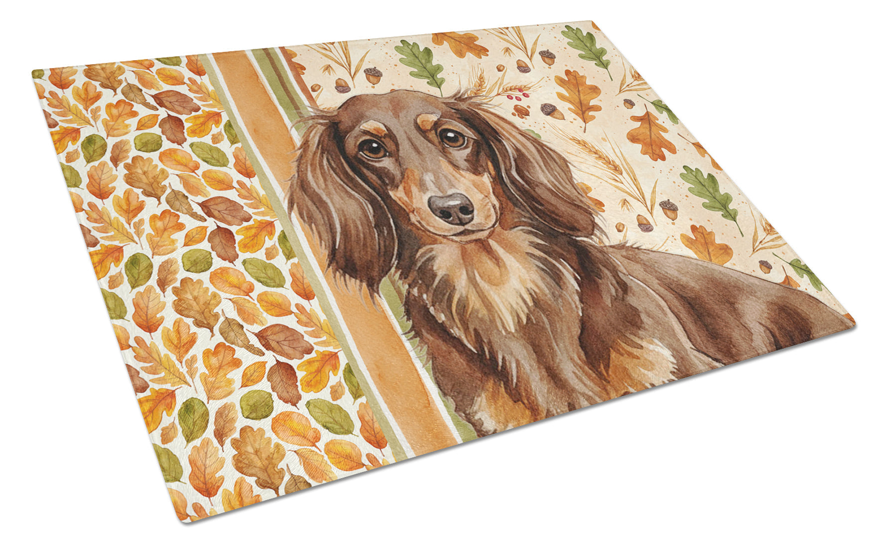 Longhaired Chocolate and Tan Dachshund Heirloom Fall Cutting Board Tempered Glass Kitchen Cutting Surface, Heat Resistant Chopping, Non-Slip Feet, Food Prep & Serving