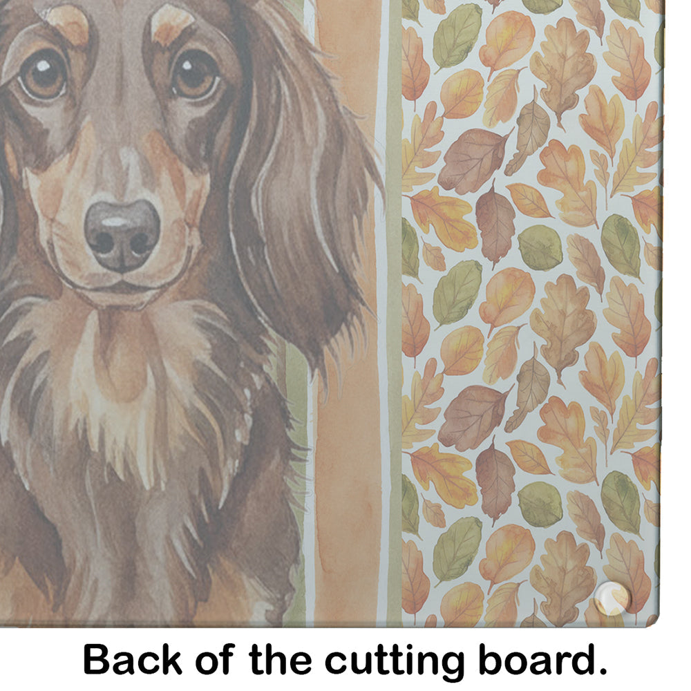 Longhaired Chocolate and Tan Dachshund Heirloom Fall Cutting Board Tempered Glass Kitchen Cutting Surface, Heat Resistant Chopping, Non-Slip Feet, Food Prep & Serving