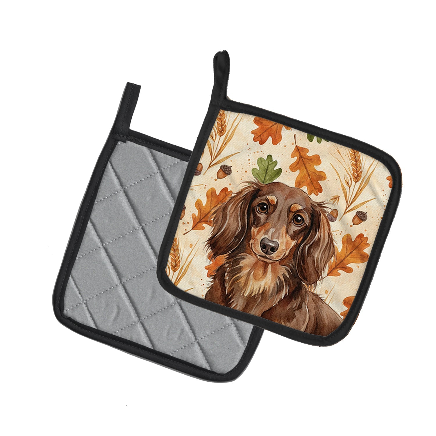 Longhaired Chocolate and Tan Dachshund Heirloom Fall Pot Holder Set of 2 Heat Resistant Quilted Hot Pads 7.5 x 7.5 Inch, Insulated Kitchen Trivets for Cooking & Baking