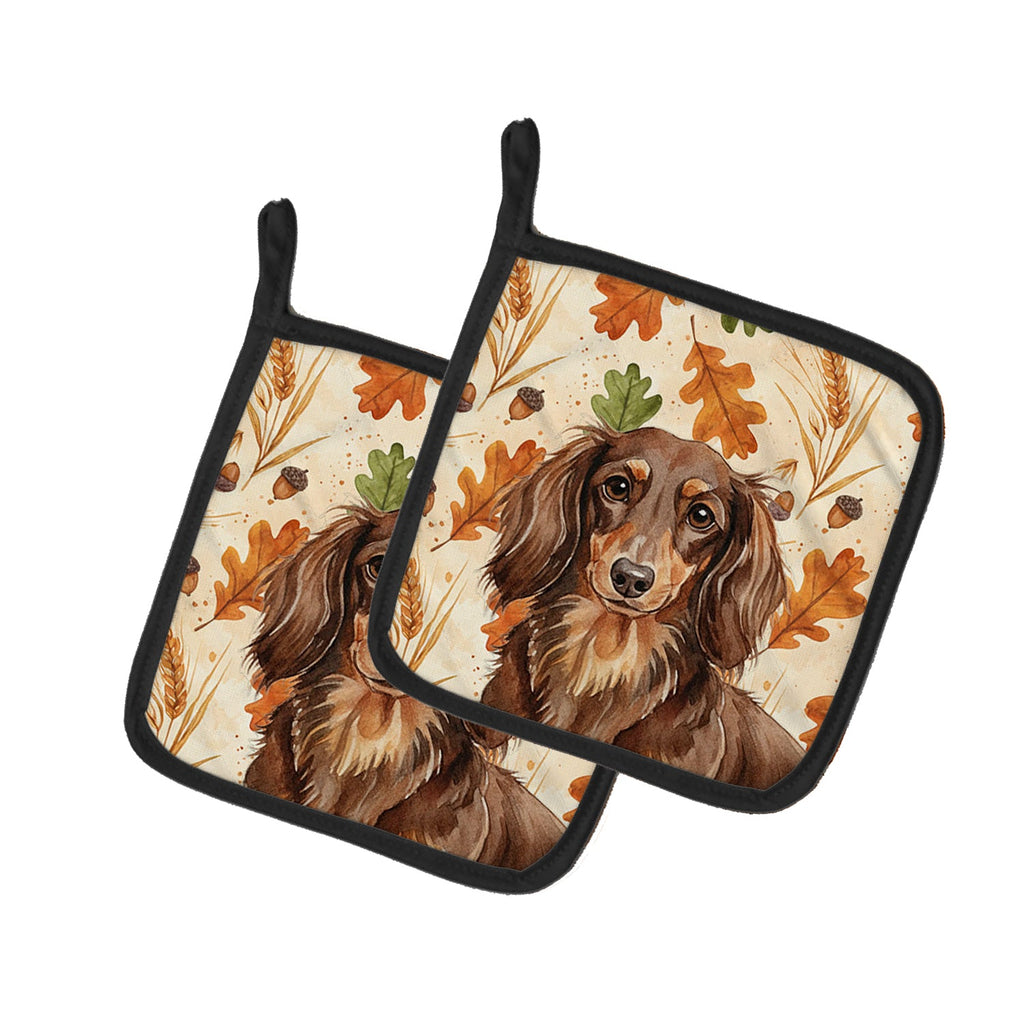 Longhaired Chocolate and Tan Dachshund Heirloom Fall Pot Holder Set of 2 Heat Resistant Quilted Hot Pads 7.5 x 7.5 Inch, Insulated Kitchen Trivets for Cooking & Baking
