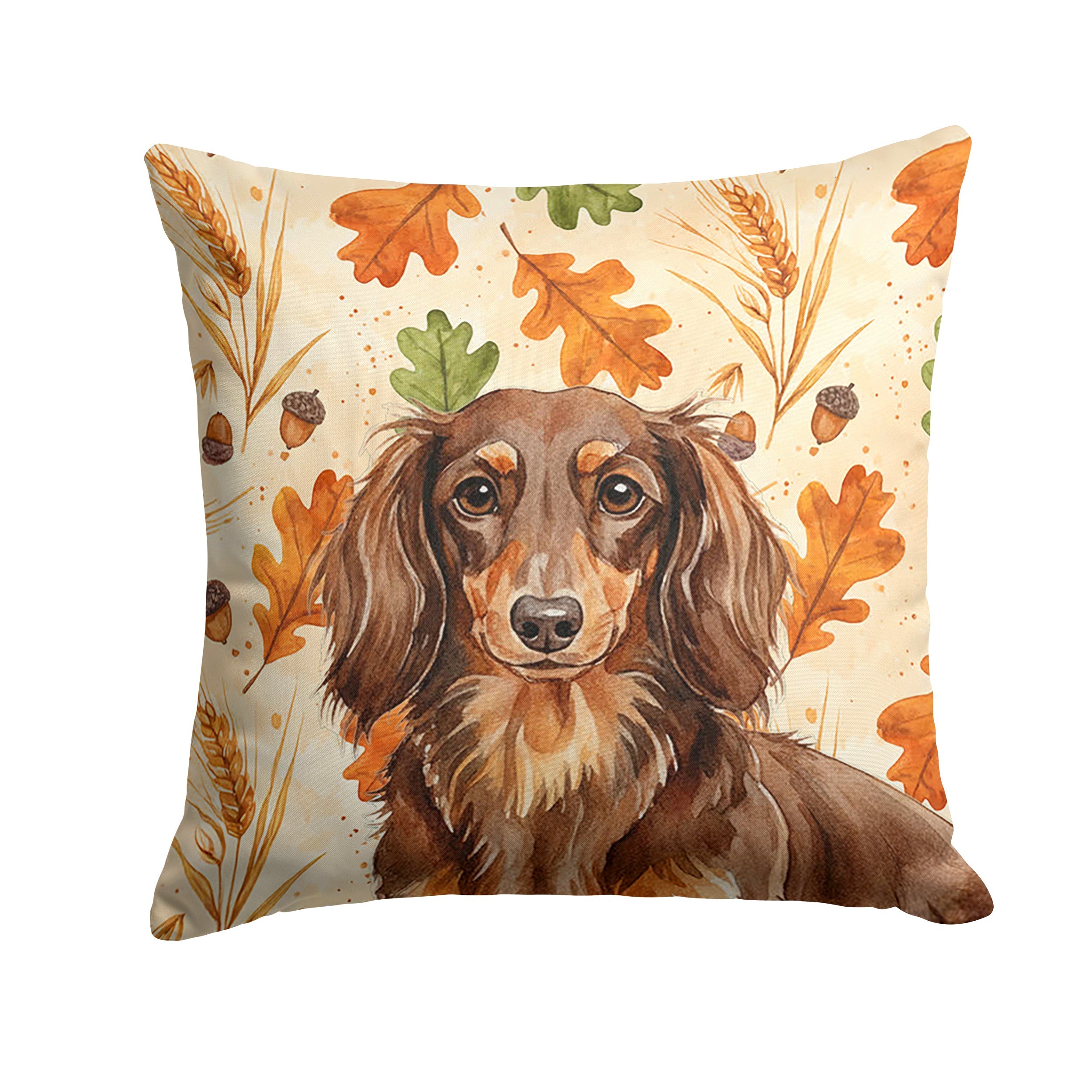 Longhaired Chocolate and Tan Dachshund Heirloom Fall Decorative Throw Pillow 14x14 Indoor Outdoor Accent Cushion, Fabric Cover with Insert for Sofa, Bed, Porch & Living Room