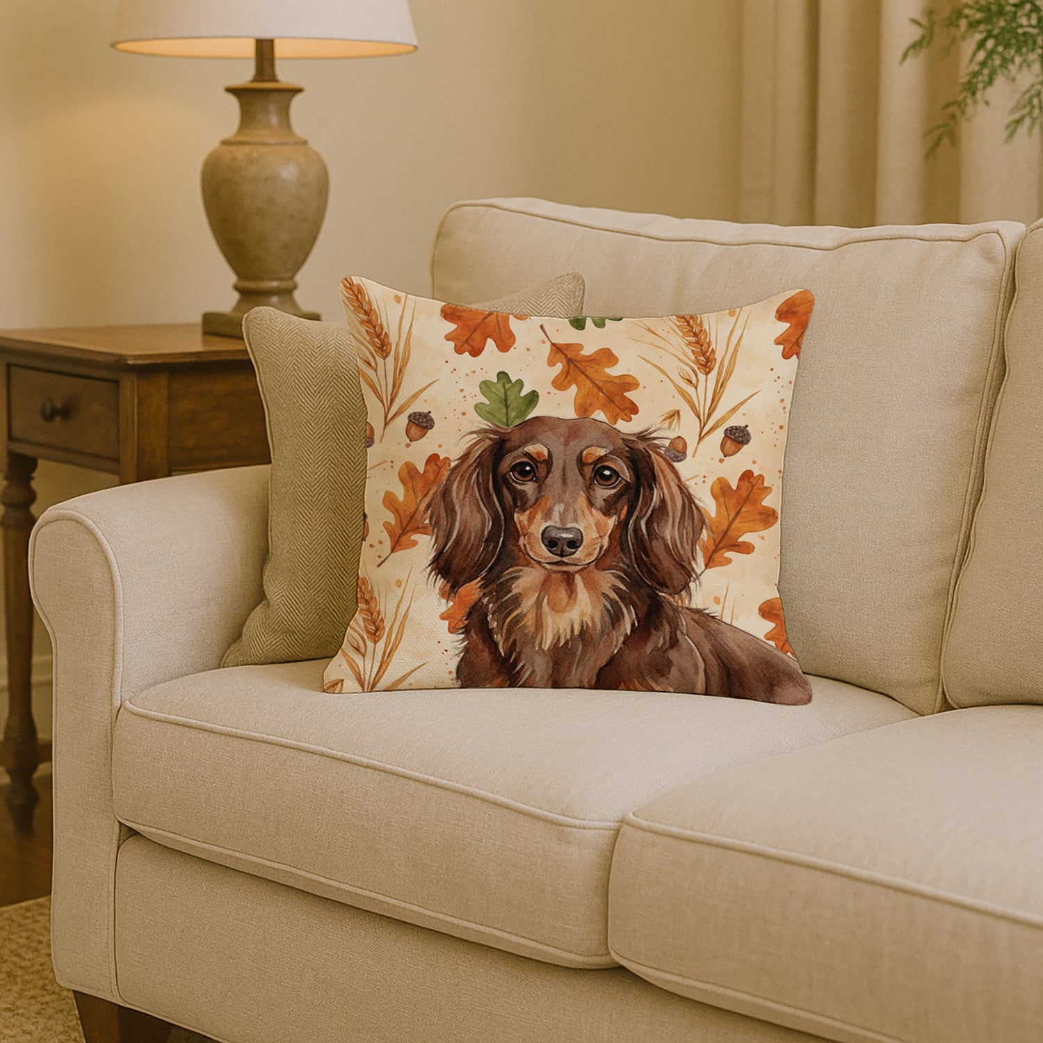 Longhaired Chocolate and Tan Dachshund Heirloom Fall Decorative Throw Pillow 14x14 Indoor Outdoor Accent Cushion, Fabric Cover with Insert for Sofa, Bed, Porch & Living Room