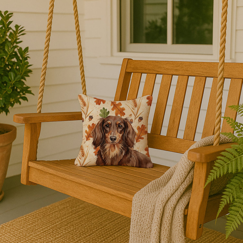 Longhaired Chocolate and Tan Dachshund Heirloom Fall Decorative Throw Pillow 14x14 Indoor Outdoor Accent Cushion, Fabric Cover with Insert for Sofa, Bed, Porch & Living Room