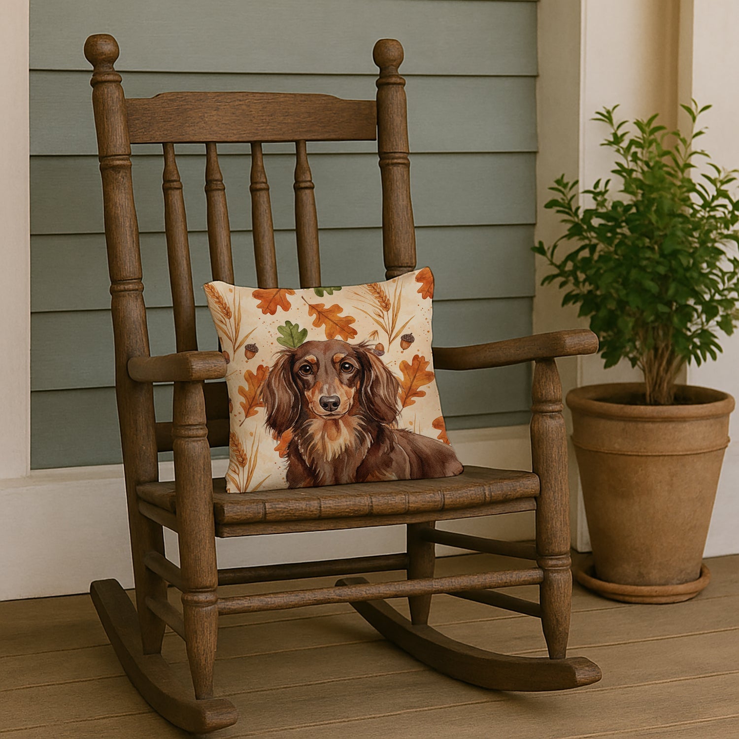 Longhaired Chocolate and Tan Dachshund Heirloom Fall Decorative Throw Pillow 14x14 Indoor Outdoor Accent Cushion, Fabric Cover with Insert for Sofa, Bed, Porch & Living Room